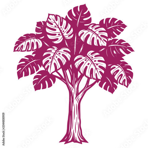 Vibrant Purple Tropical Tree Illustration with Large Leaves Botanical Artwork for Design