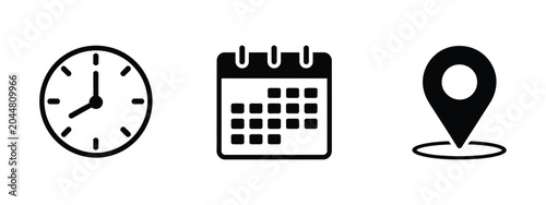 Foto Time date and location icon set, clock calendar and address pin symbols, scheduling appointments, business planning, deadline management, vector illustration