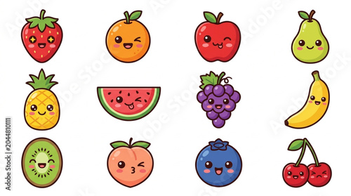 Collection of Cute Kawaii Fruit Characters with Happy Faces.