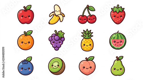Collection of Cute Kawaii Fruit Illustrations with Faces.