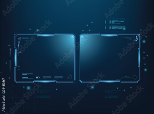 Futuristic blue HUD UI background two digital screen frames with glowing elements, data charts, and abstract tech layouts