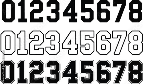 Collegiate number set, varsity style numbers in solid and outline formats for athletic uniforms school projects and graphic design