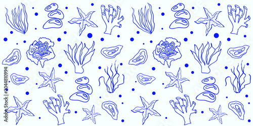 Bild auf Leinwand Crisp seamless pattern featuring blue outlines of marine corals, seaweed, stones, and starfish on a clean white background