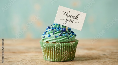 Thank you cupcake with blue sprinkles and green frosting