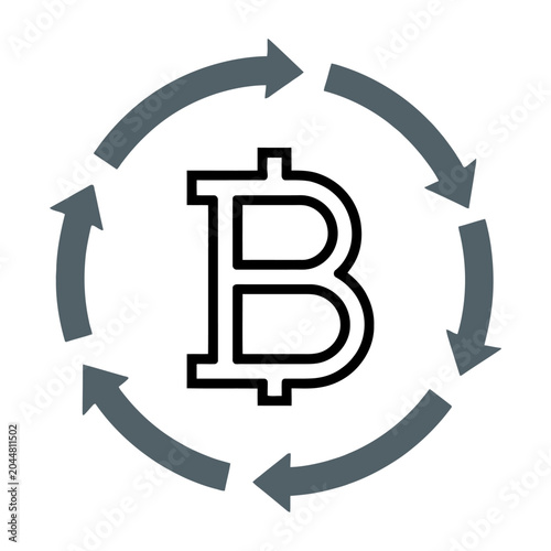 Sleek vector graphic displays a bitcoin symbol surrounded by circular arrows indicating continuous movement or circulation