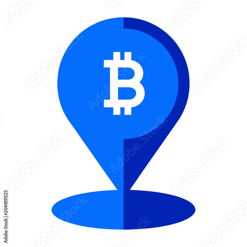 Sleek vector of a blue location pin featuring the bitcoin symbol inside a circular design.