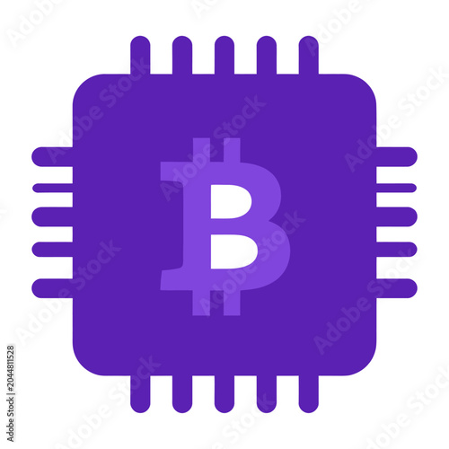 Sleek vector of stylized bitcoin symbol integrated inside a microchip design.