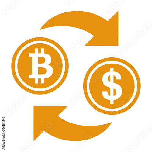 Vector of the cyclical exchange between bitcoin cryptocurrency and traditional dollar currency with arrows indicating conversion.