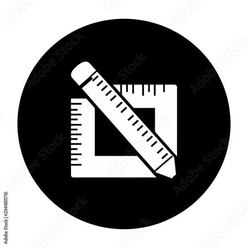 Sleek vector of white pencil resting diagonally across a transparent l-shaped square and ruler set against a black circular background