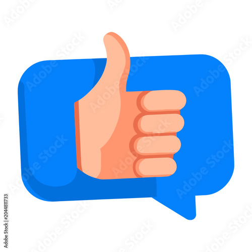 Vibrant vector of a hand giving a thumbs up sign against a blue speech bubble background