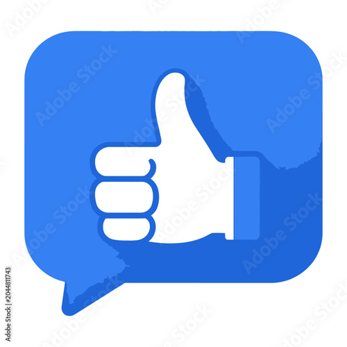 Vector graphic shows a blue speech bubble containing a white thumbs-up icon representing approval or like action.