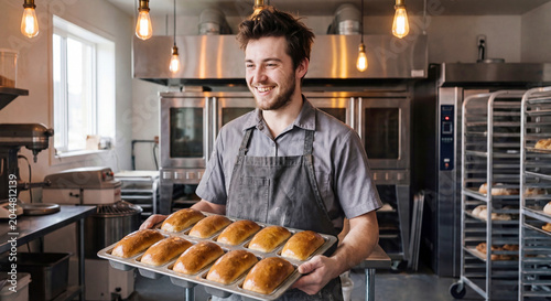 Male baker and small business owner holding tray of fresh steaming sourdough bread in professional commercial kitchen as concept of private entrepreneurship and local bakery success