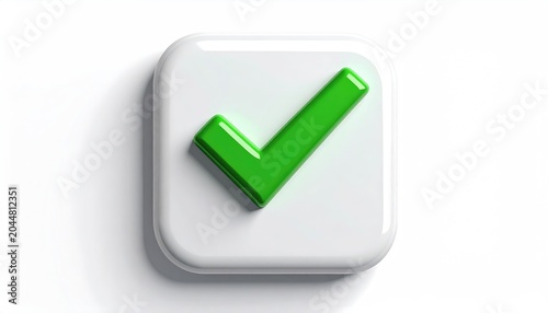 Glossy green checkmark in a rounded white square on a white background
