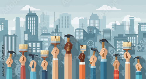 Hands Holding Tools Against Urban City Skyline Background