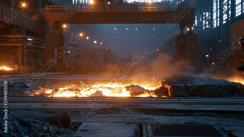 Aluminum potroom at predawn, furnace anode change crew using overhead crane to swap spent carbon anode blocks, primary smelting operations, electrolysis hall, anode changing