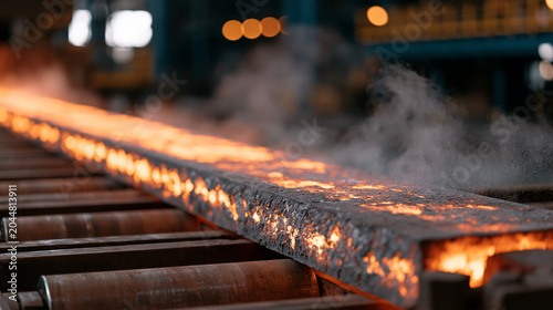 Steel billet continuous casting machine strand guide rollers with glowing solidifying metal emerging, mist cooling spray active, steelworks secondary metallurgy, continuous caster