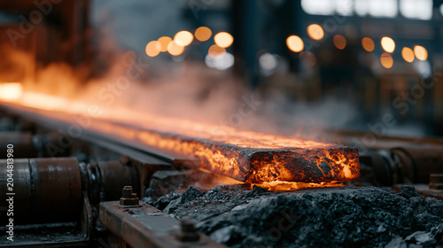 Steel billet continuous casting machine strand guide rollers with glowing solidifying metal emerging, mist cooling spray active, steelworks secondary metallurgy, continuous caster