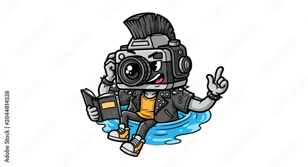 Fototapeta premium Playful cartoon camera character reading a book happily.