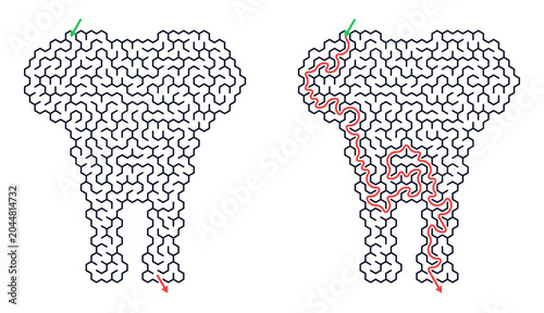Canvas-taulu Elephant shaped maze puzzle in vector line style in black and white representing