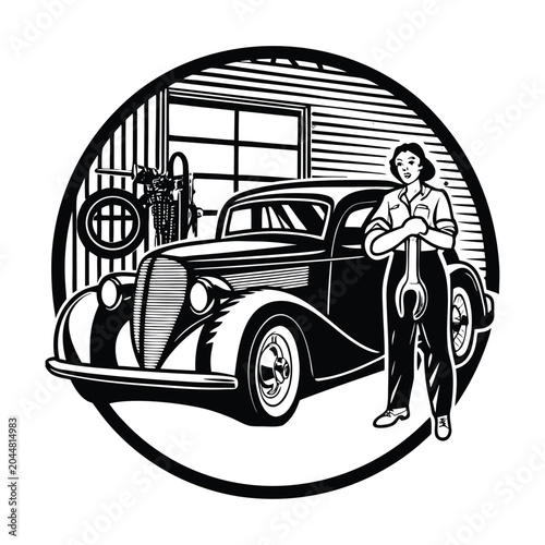 Konstfotografi Vintage car, mechanic illustration, black and white, retro garage, classic autom