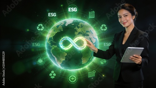 Woman presenting global sustainability and esg concepts with technology.