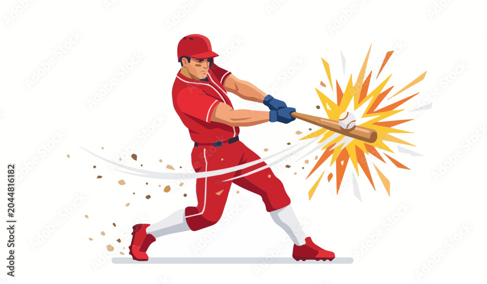 Fototapeta premium Powerful baseball batter hitting ball with explosion effect vector illustration