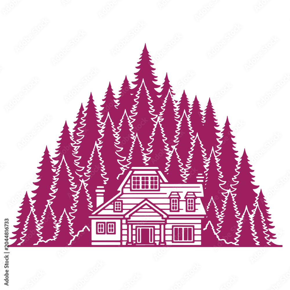 Obraz premium Purple illustration of a cozy log cabin nestled among tall pine trees in a serene forest setting