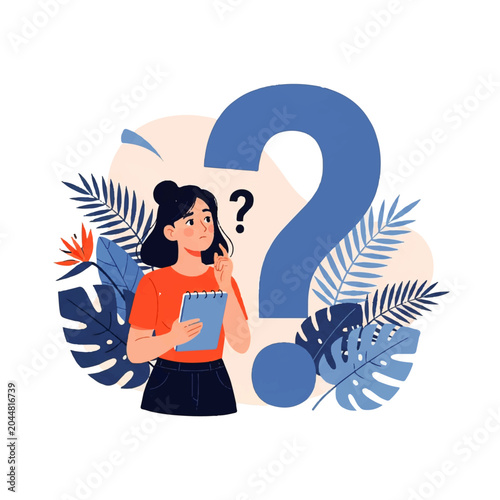 Billede på lærred Vector flat design illustration of a thoughtful woman holding a notebook next to