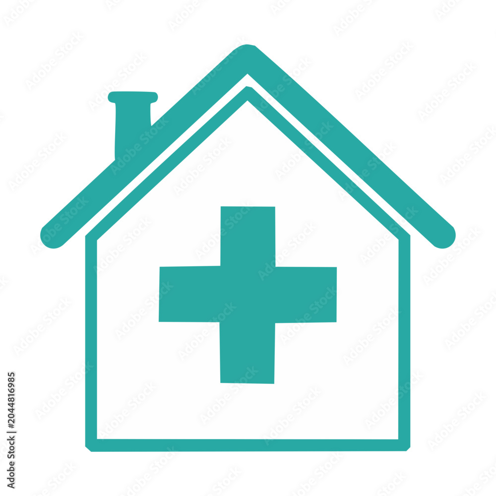 Fototapeta premium Teal medical house icon with cross symbol