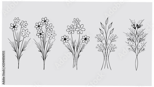 Quadro em tela five distinct floral sprigs line art flowers
