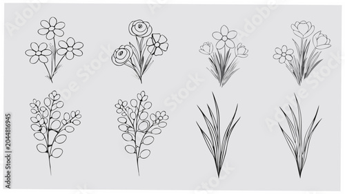 Valokuva five distinct small bouquets line art flowers