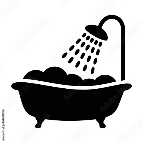 Sleek vector of showerhead pouring water into a filled bathtub with bubbles.