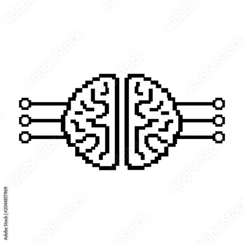 Stylized vector of two interconnected brain hemispheres linked by circuit-like pathways representing neural or digital connectivity.