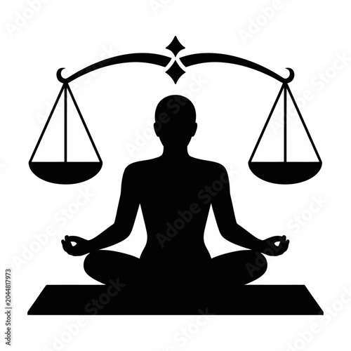 Vector of meditating person in a balanced pose with a scale symbolizing harmony and equilibrium above them