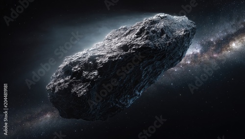 Rough, dark asteroid floating in deep space with a starry galaxy visible behind it