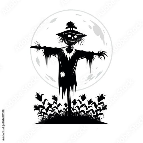 Fotografie Scary Scarecrow Silhouette Against Full Moon.