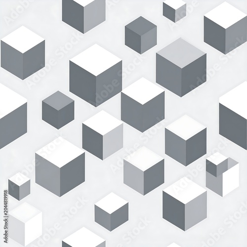 A digital illustration of various sized gray and white cubes scattered randomly on a light gray background