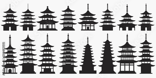 Asian Pagoda Silhouette Icon Set Traditional Chinese and Japanese Tower Vectors