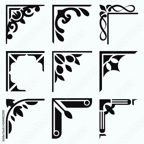 Set of black and white corner designs with floral motifs and geometric shapes for graphic design and decoration purposes  elegant ornate borders