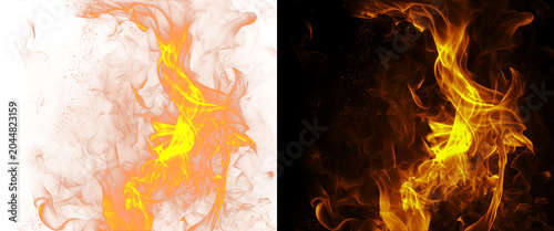 Fotografie Dynamic fire flames on black and white backgrounds, blazing orange fire sparks a