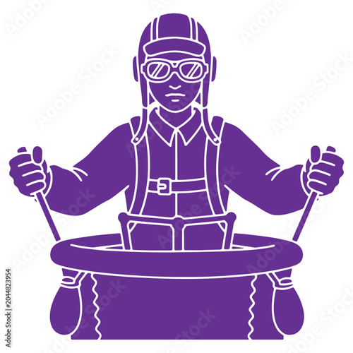 Vintage aviator pilot dressed in flight suit and helmet with goggles holding steering controls in a hot air balloon basket ready for aerial adventure and exploration