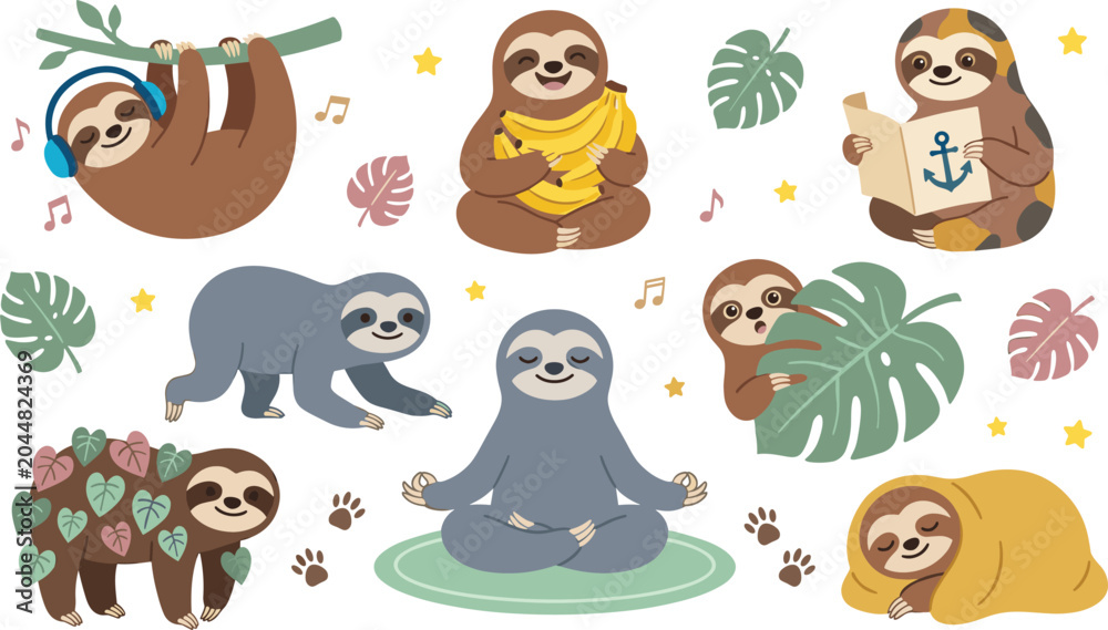 Fototapeta premium Cute Sloth Cartoon Collection Featuring Yoga Reading Music Listening Sleeping and Tropical Lifestyle Characters Vector Illustration