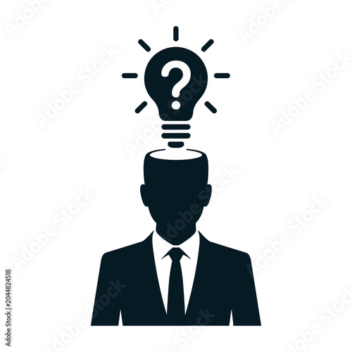 Vector of a faceless businessman in a suit pondering with a glowing question mark lightbulb above his head