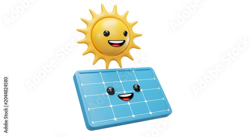 Smiling 3D cartoon sun and blue solar panel on white background