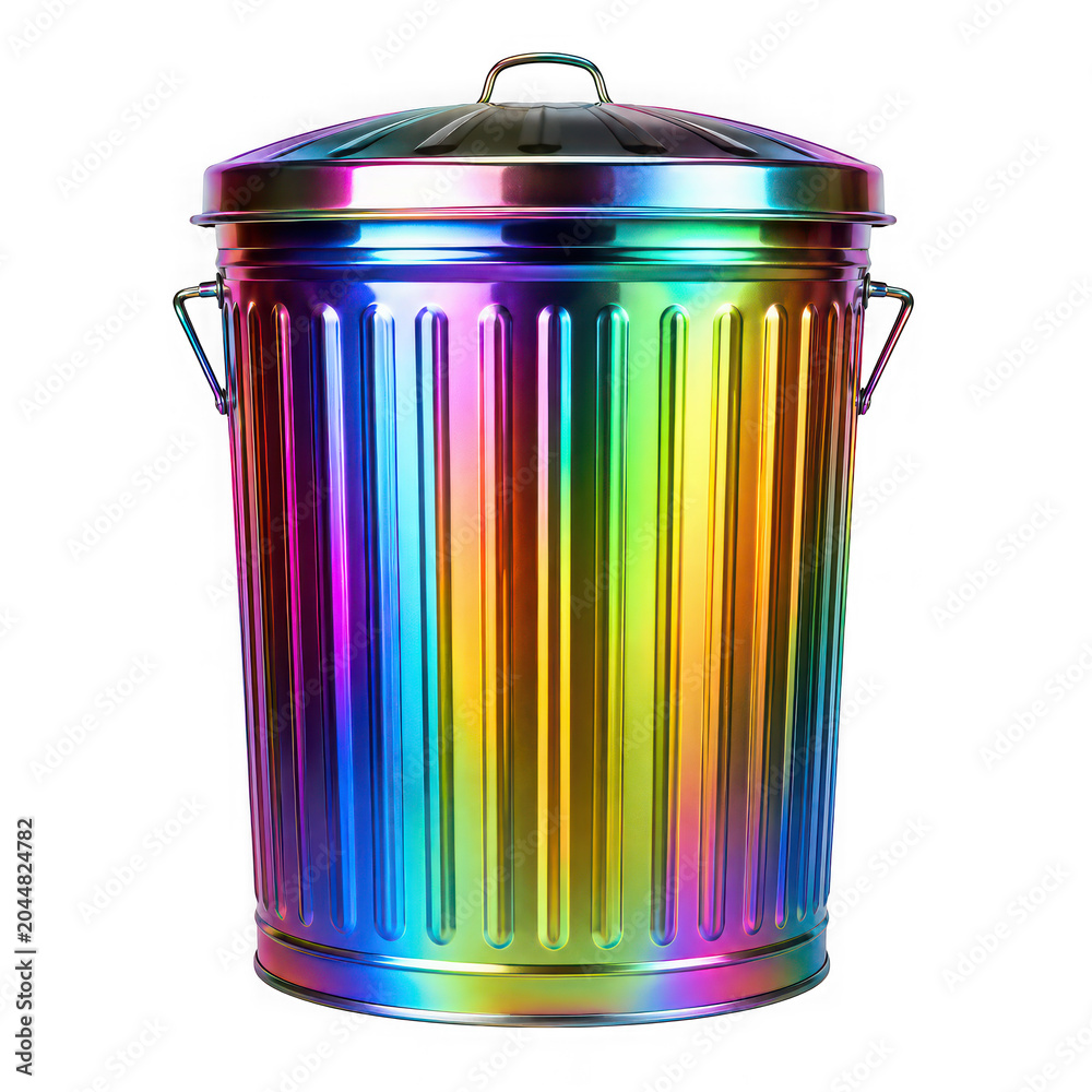 Fototapeta premium Iridescent metallic trash bin with lid, iridescent isolated on transparent background
