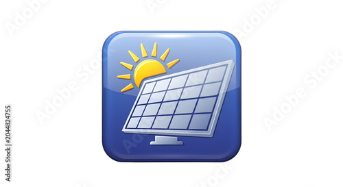 Glossy Blue Square Solar Panel and Sun Icon