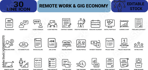 Remote work and gig economy icon set featuring freelance contract digital portfolio project brief and earning chart for professional business design.