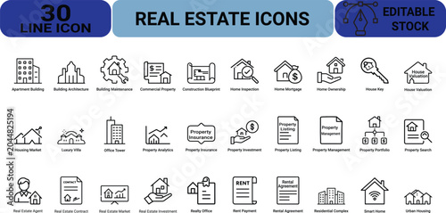 Real estate line icon set including apartment building architecture maintenance commercial property construction blueprint home inspection mortgage ownership.