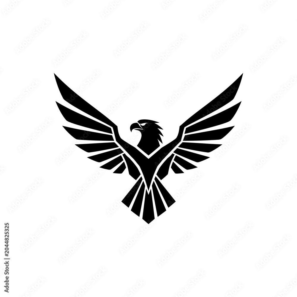 Fototapeta premium Minimalist black eagle silhouette icon with spread wings.
