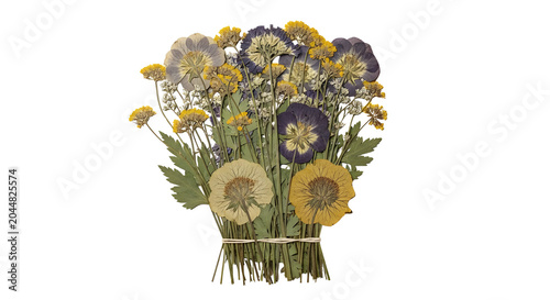 Pressed Dried Flower Bouquet with Yellow and Purple Blooms on White Background